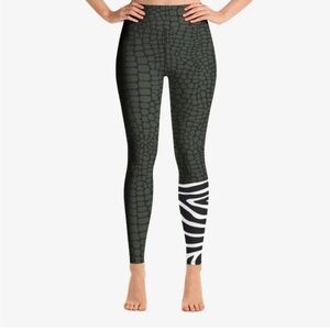 High-Waist Olive Green & Black Patterned Leggings with Zebra Accent